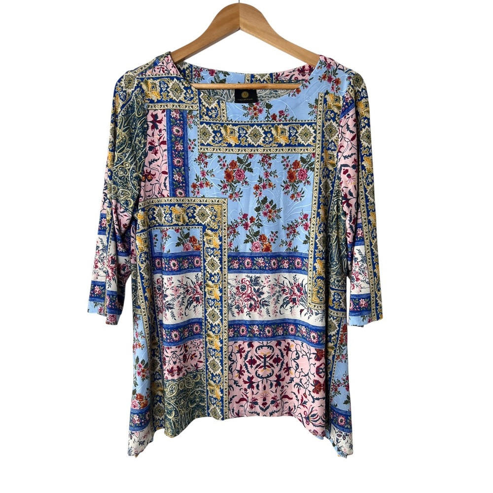 JM Collection Mixed Patchwork Floral Paisley Top PXL Blue Pink Casual Workwear
